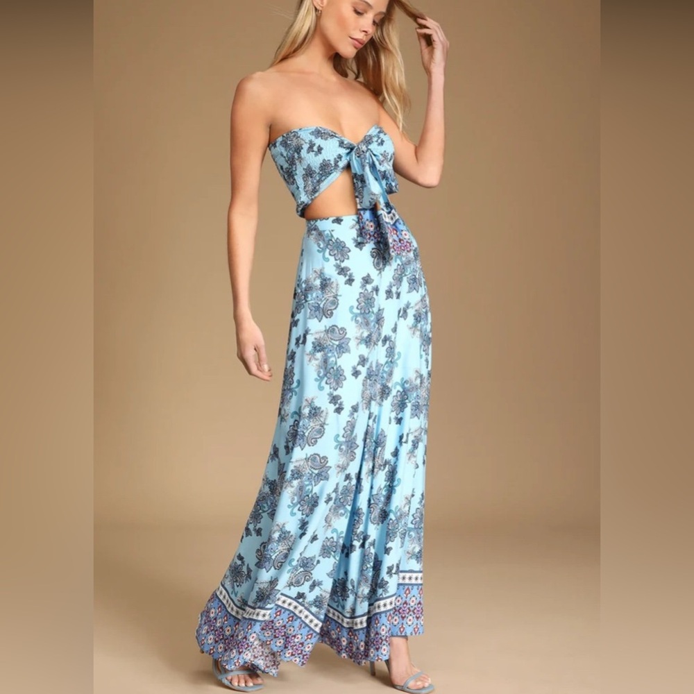 Blue Wide Leg Pant Set w/ Crop Top